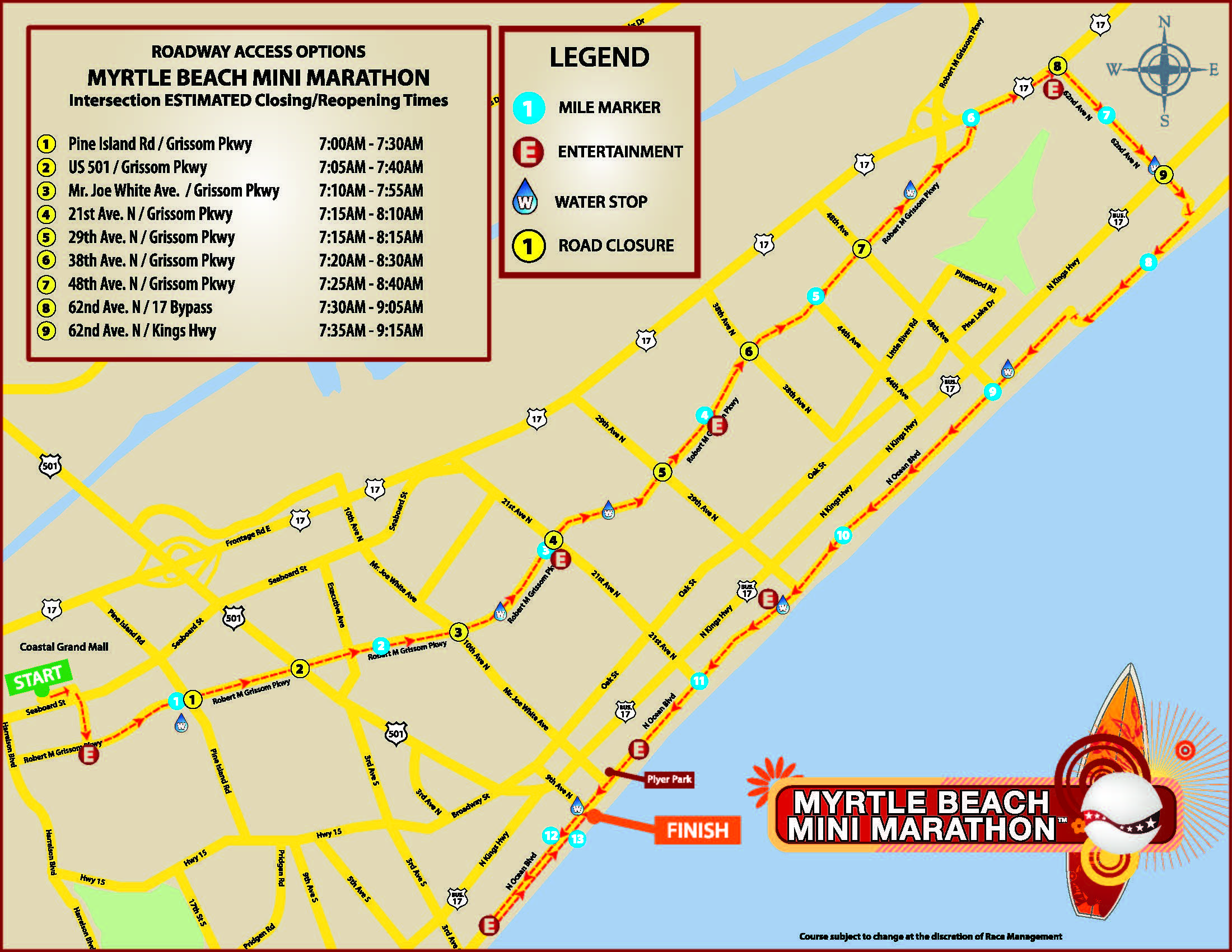 Myrtle Beach Mini Marathon Map with Times 2018